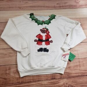 NEW VINTAGE Jerzees Sweater Women Large White Hand Paint Christmas Ugly Bear 80s